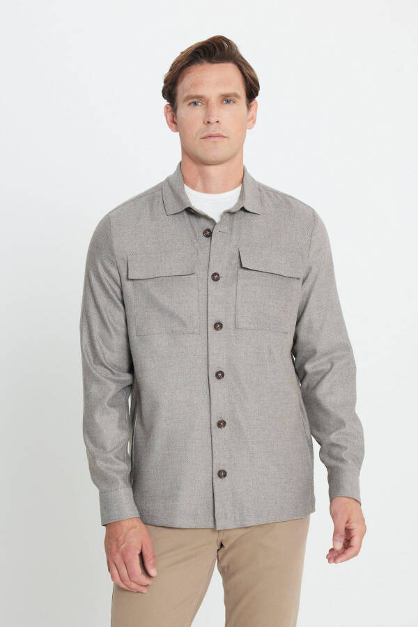 Men's Beige-Gray Wool Blend Warm Relaxed Fit Casual Ke - 3