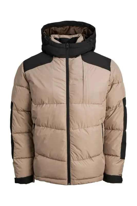 Men's Beige Hooded Cold-Proof Puffer Jacket-Beige - 2