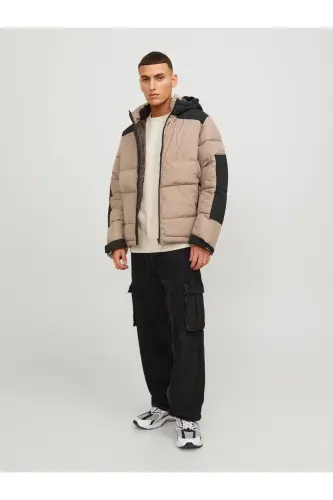 Men's Beige Hooded Cold-Proof Puffer Jacket-Beige - 3