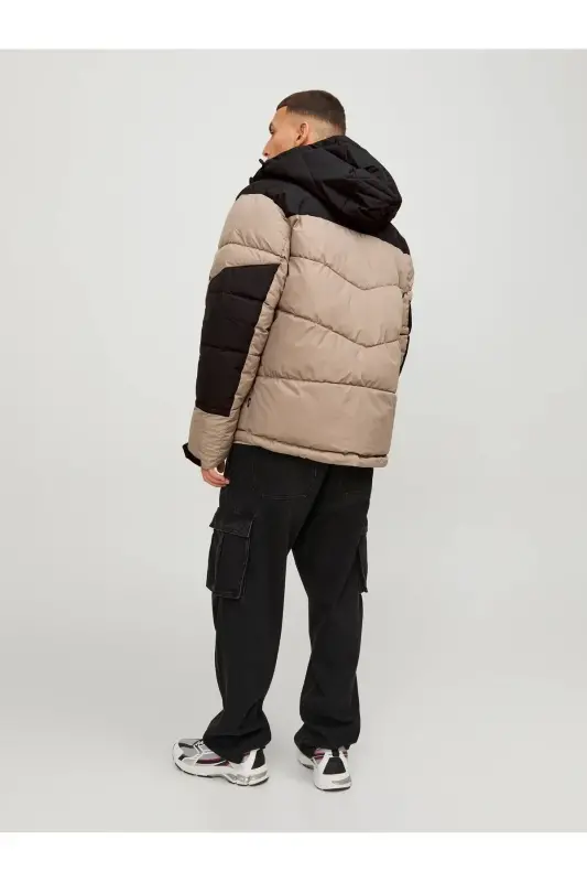 Men's Beige Hooded Cold-Proof Puffer Jacket-Beige - 4