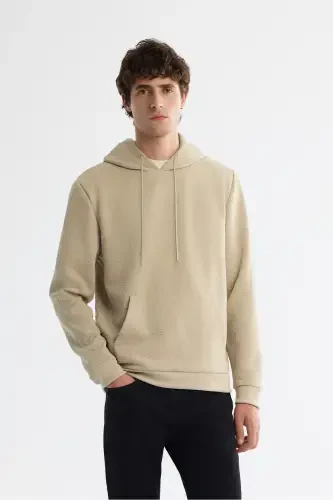 Men's Beige Hooded Printed Elastane Sweatshirt A42 - AVVA (1)