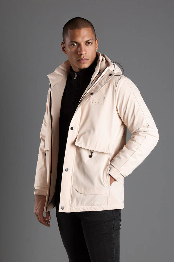 Men's Beige Hooded Puffer Jacket - 1