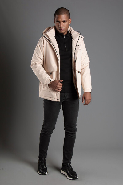 Men's Beige Hooded Puffer Jacket - 2