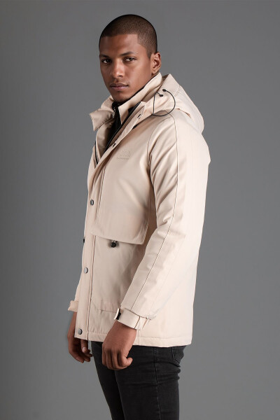 Men's Beige Hooded Puffer Jacket - 4