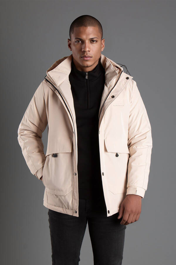 Men's Beige Hooded Puffer Jacket - 5