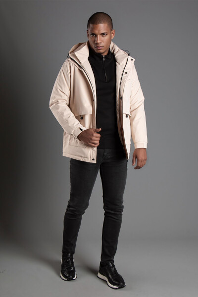 Men's Beige Hooded Puffer Jacket - ZEKİ ÖZER (1)