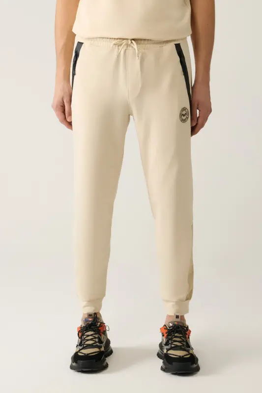Men's Beige Jersey Fabric 2 Ply Flexi Zippered Regular Fit Sweatpants A41y3416 - 2