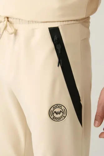 Men's Beige Jersey Fabric 2 Ply Flexi Zippered Regular Fit Sweatpants A41y3416 - 6