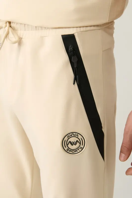 Men's Beige Jersey Fabric 2 Ply Flexi Zippered Regular Fit Sweatpants A41y3416 - 6