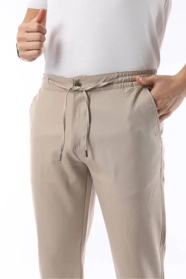 Men's Beige Jogger Pants with Elastic Waistband, Flexible Lycra and Slim Fit Fabric - 2
