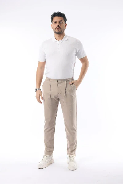 Men's Beige Jogger Pants with Elastic Waistband, Flexible Lycra and Slim Fit Fabric - 3