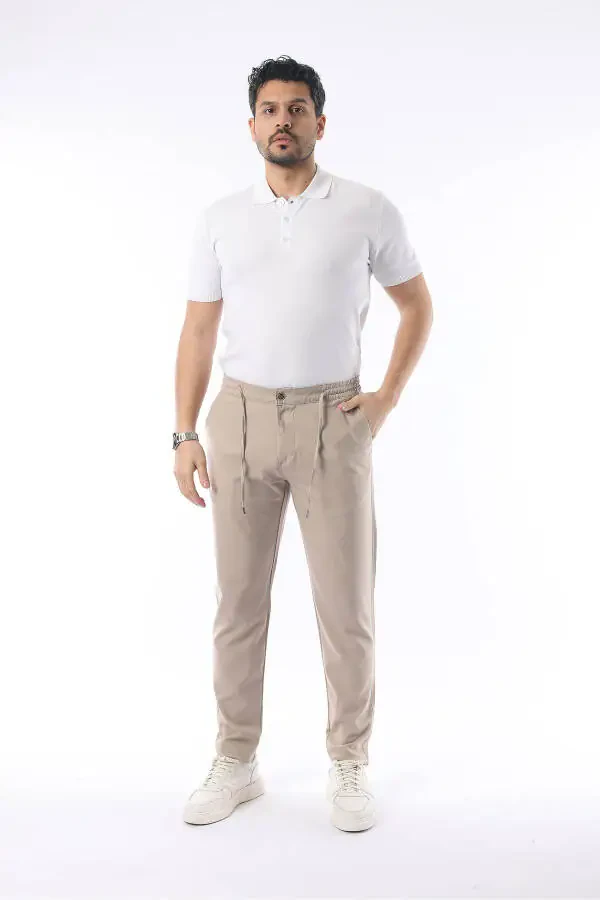 Men's Beige Jogger Pants with Elastic Waistband, Flexible Lycra and Slim Fit Fabric - 3