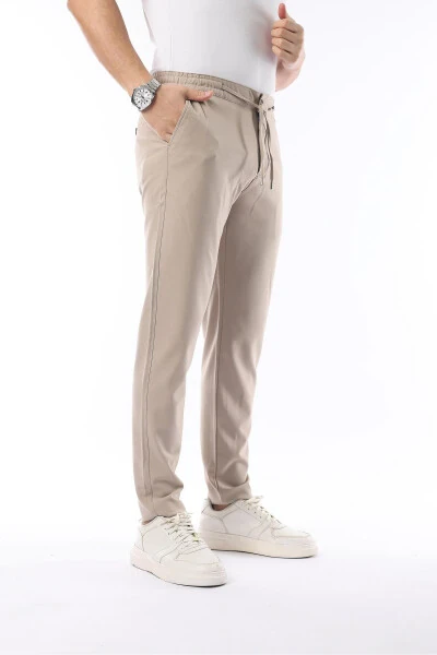 Men's Beige Jogger Pants with Elastic Waistband, Flexible Lycra and Slim Fit Fabric - 4