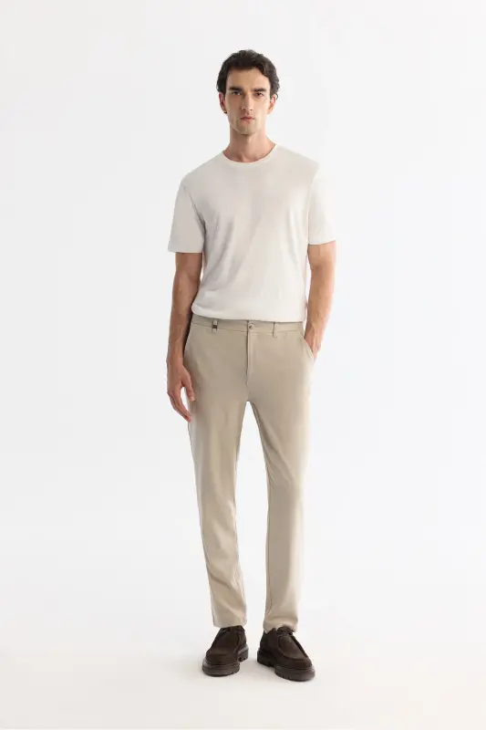 Men's Beige Lamus Slim Fit Chino Pants Classic Waist Soft Brushed Slim Fit B003035 - AVVA