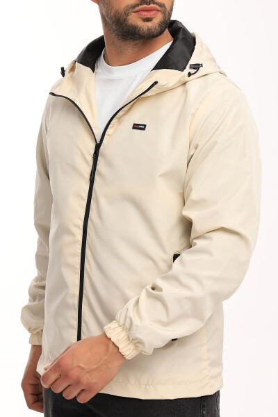 Men's Beige Lined Hooded Pocket Raincoat - Windbreaker Jacket - 6