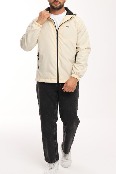 Men's Beige Lined Hooded Pocket Raincoat - Windbreaker Jacket - 7