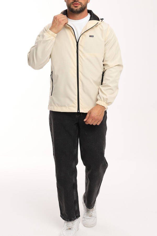 Men's Beige Lined Hooded Pocket Raincoat - Windbreaker Jacket - 7