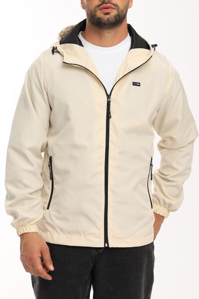 Men's Beige Lined Hooded Pocket Raincoat - Windbreaker Jacket - 8