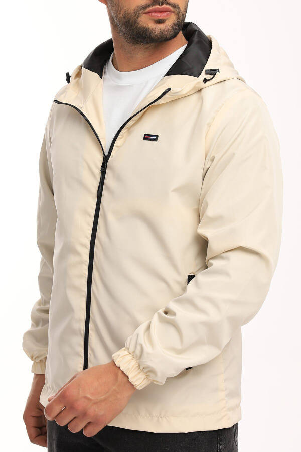 Men's Beige Lined Hooded Pocket Raincoat - Windbreaker Jacket - 1