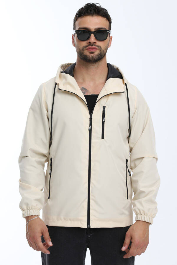 Men's Beige Lined Windproof Hooded Pocket Raincoat - 17