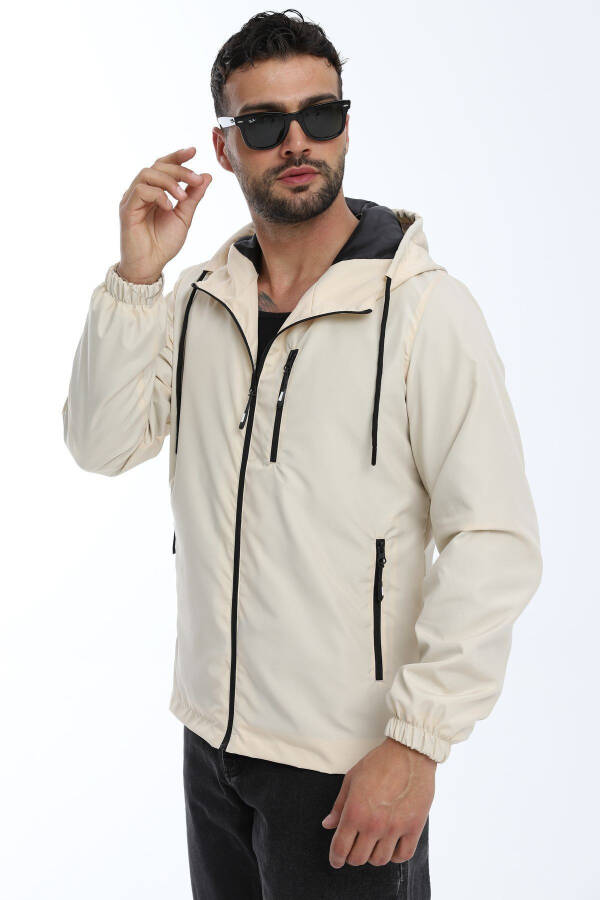 Men's Beige Lined Windproof Hooded Pocket Raincoat - 19