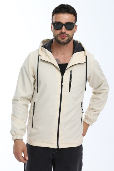 Men's Beige Lined Windproof Hooded Pocket Raincoat - 21