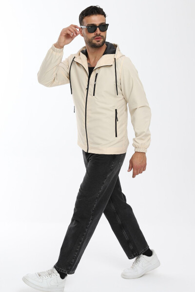 Men's Beige Lined Windproof Hooded Pocket Raincoat - 22