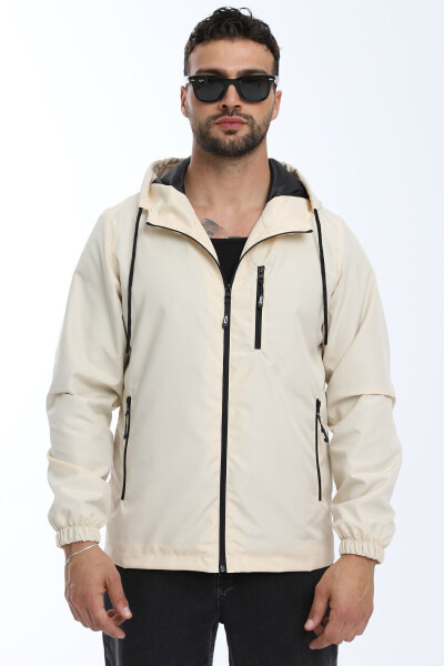 Men's Beige Lined Windproof Hooded Pocket Raincoat - 9