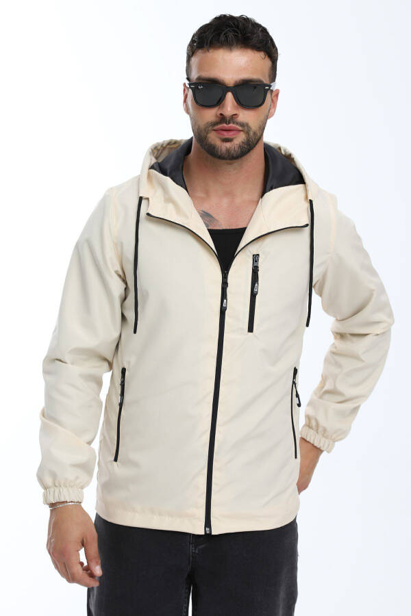 Men's Beige Lined Windproof Hooded Pocket Raincoat - 5