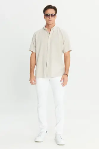 Men's Beige Linen Look 100% Cotton Textured Button-Down Collar Shirt Comfort Fit - MODAZONE (1)