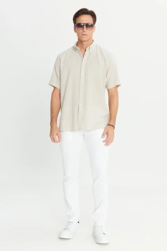 Men's Beige Linen Look 100% Cotton Textured Button-Down Collar Shirt Comfort Fit - 2