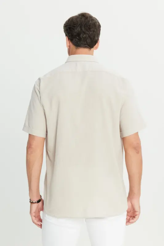 Men's Beige Linen Look 100% Cotton Textured Button-Down Collar Shirt Comfort Fit - 5