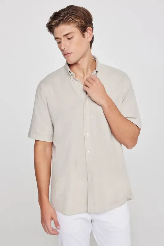 Men's Beige Linen Look 100% Cotton Textured Button-Down Collar Shirt Comfort Fit - 3