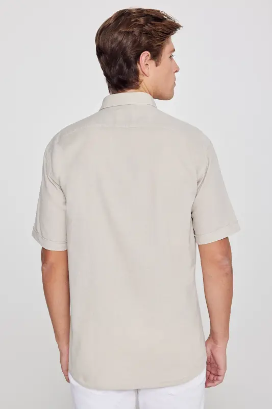 Men's Beige Linen Look 100% Cotton Textured Button-Down Collar Shirt Comfort Fit - 5