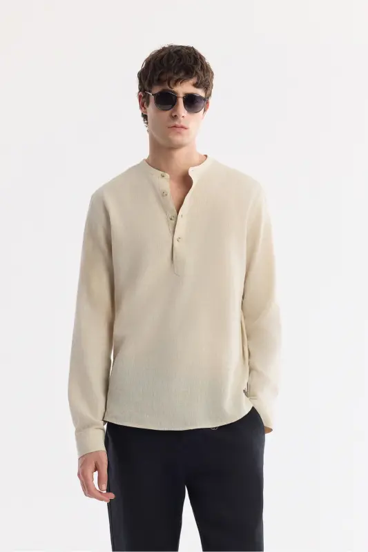 Men's Beige Mandarin Collar Linen Blend Long Sleeve Shirt - 1