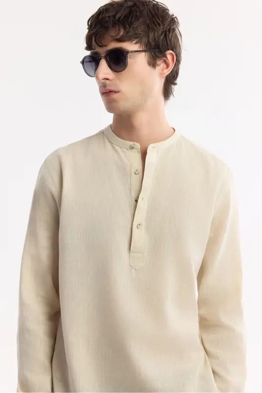 Men's Beige Mandarin Collar Linen Blend Long Sleeve Shirt - 2