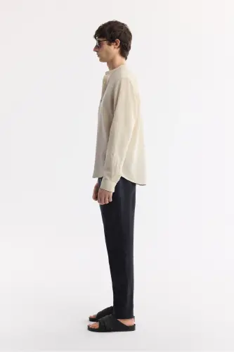 Men's Beige Mandarin Collar Linen Blend Long Sleeve Shirt - 3