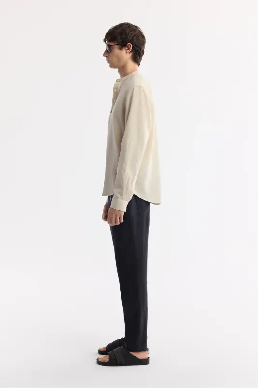 Men's Beige Mandarin Collar Linen Blend Long Sleeve Shirt - 3
