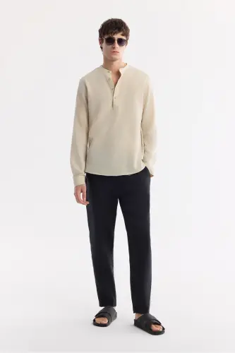 Men's Beige Mandarin Collar Linen Blend Long Sleeve Shirt - 5