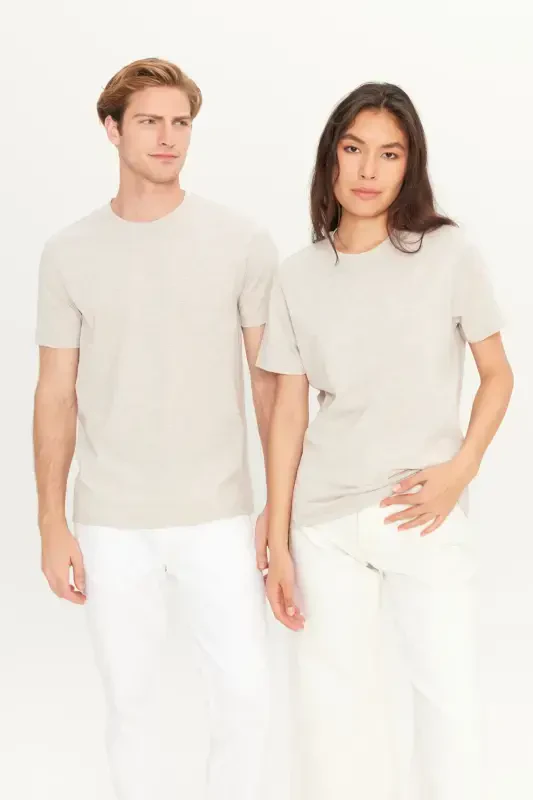 Men's Beige Melange Cotton Slim Fit Narrow Cut Crew Neck Basic T-shirt-BEIGE MELANGE - 2