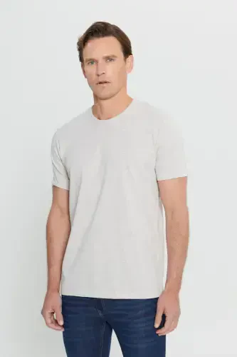 Men's Beige Melange Cotton Slim Fit Narrow Cut Crew Neck Basic T-shirt-BEIGE MELANGE - 4