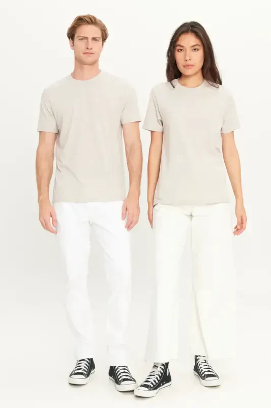 Men's Beige Melange Cotton Slim Fit Narrow Cut Crew Neck Basic T-shirt-BEIGE MELANGE - 5