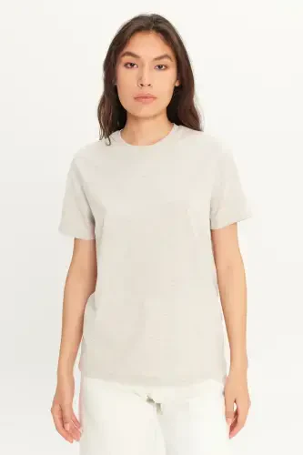 Men's Beige Melange Cotton Slim Fit Narrow Cut Crew Neck Basic T-shirt-BEIGE MELANGE - 6