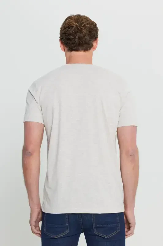 Men's Beige Melange Cotton Slim Fit Narrow Cut Crew Neck Basic T-shirt-BEIGE MELANGE - 9