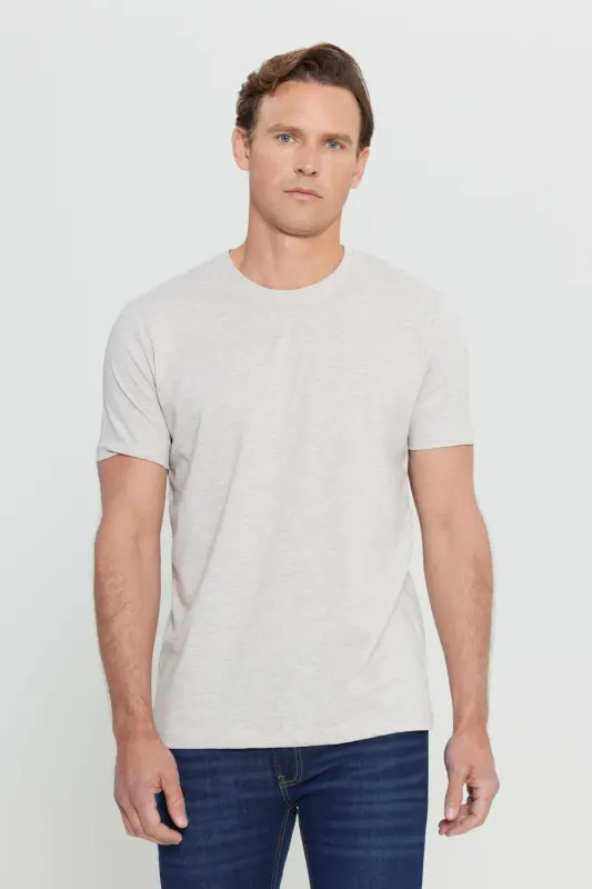 Men's Beige Melange Cotton Slim Fit Narrow Cut Crew Neck Basic T-shirt-BEIGE MELANGE - 1