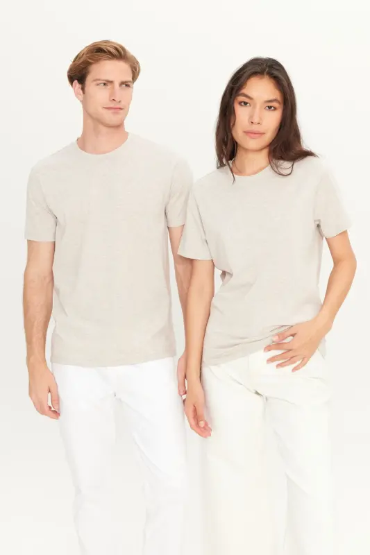 Men's Beige Melange Cotton Slim Fit Narrow Cut Crew Neck Basic T-shirt-BEIGE MELANGE - 2
