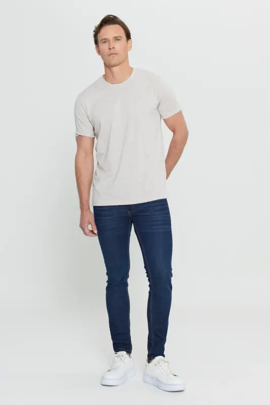 Men's Beige Melange Cotton Slim Fit Narrow Cut Crew Neck Basic T-shirt-BEIGE MELANGE - 3