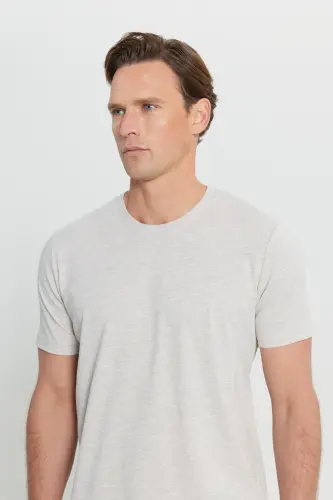 Men's Beige Melange Cotton Slim Fit Narrow Cut Crew Neck Basic T-shirt-BEIGE MELANGE - 7