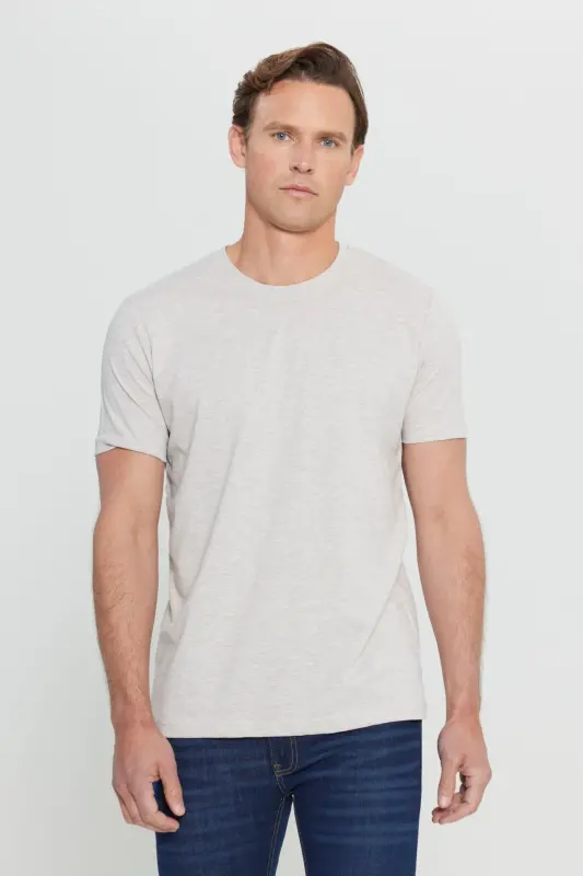 Men's Beige Melange Cotton Slim Fit Narrow Cut Crew Neck Basic T-shirt-BEIGE MELANGE - 1