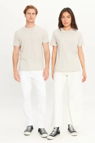 Men's Beige Melange Cotton Slim Fit Narrow Cut Crew Neck Basic T-shirt-BEIGE MELANGE - 5